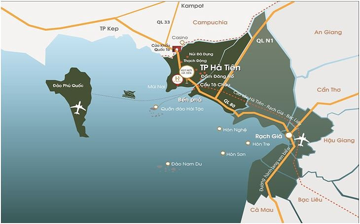 Ha Tien Venice Villas án ngữ vị thế độc tôn, chỉ cách hệ thống danh thắng Hà Tiên thập cảnh “một bước chân”.